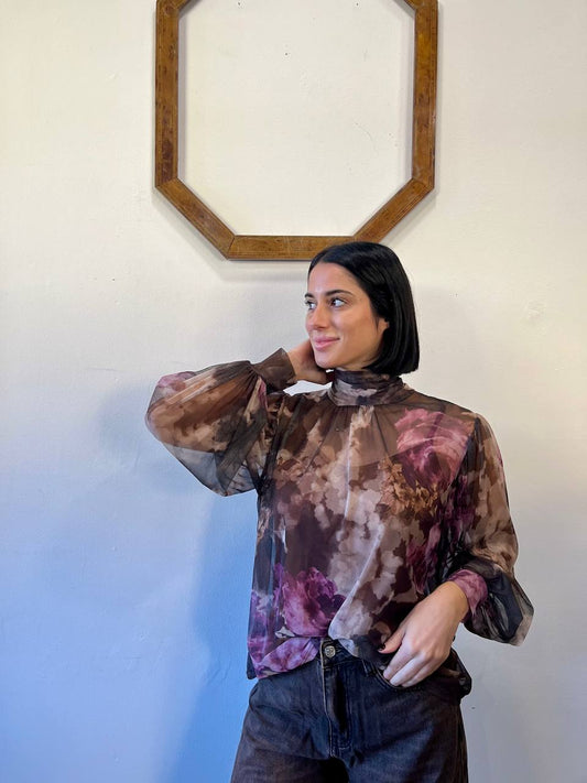 Blusa con stampa e collo alto arricciato Auren