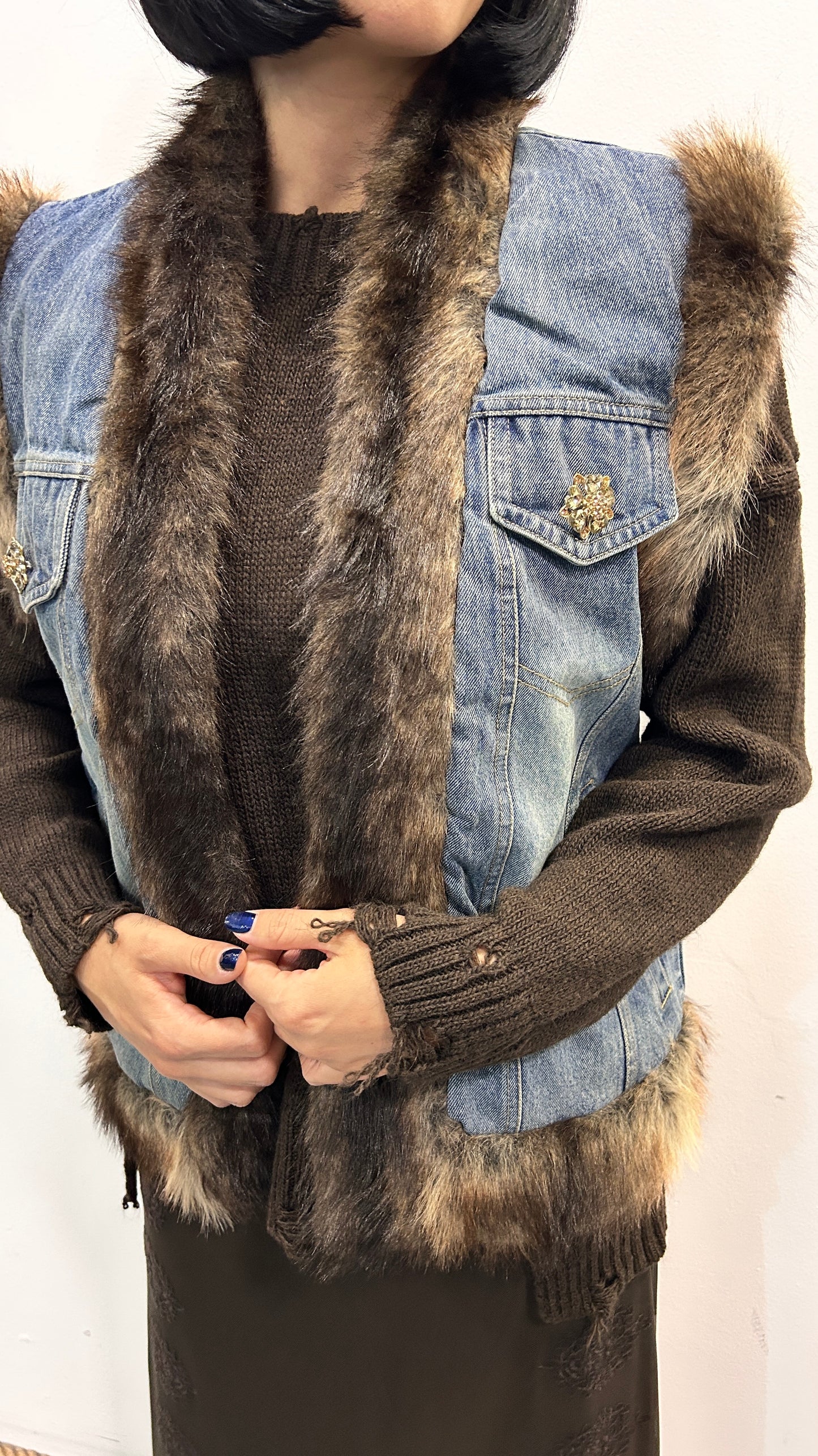 Gilet denim con finiture in pelliccia Taisia