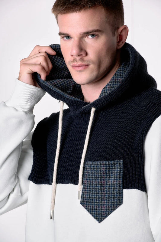 Felpa Cappuccio con intarsio in maglieria e dettagli in tessuto