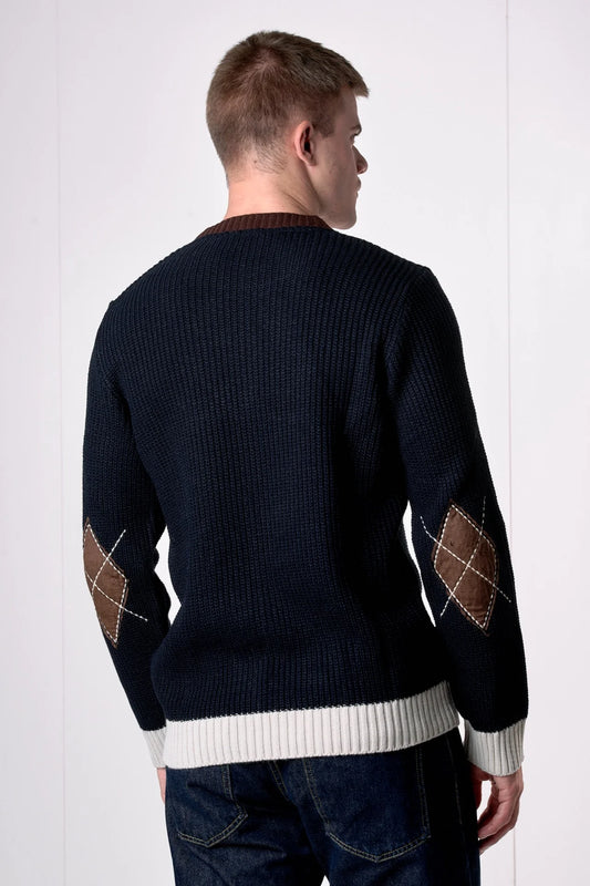 Maglione Girocollo Maglia Inglese tre colori con toppe scamosciate