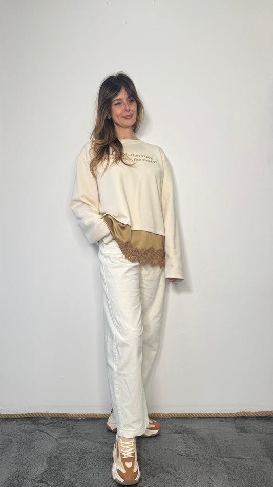 Felpa con stampa e bordo in pizzo Alma