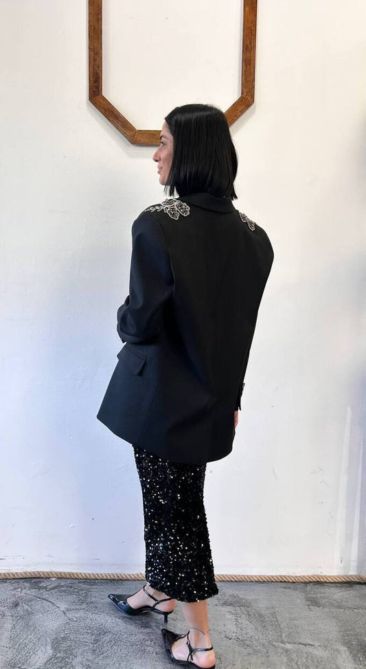 Blazer gessato over con decorazione floreale Loride