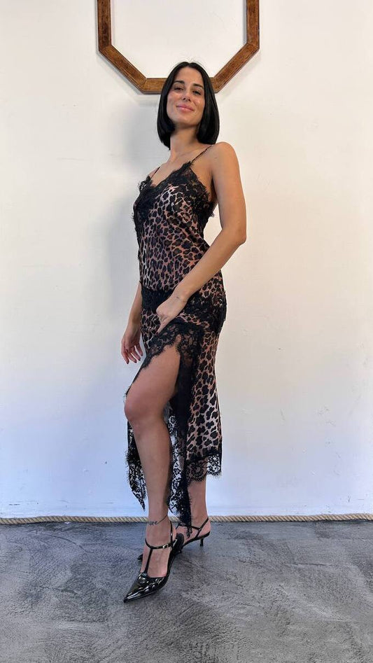 Longuette animalier asimmetrica con pizzo Neve