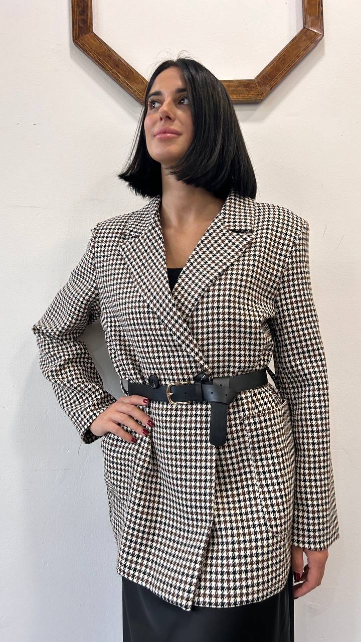 Giacca doppiopetto pied de poule con cinturina Brisalia