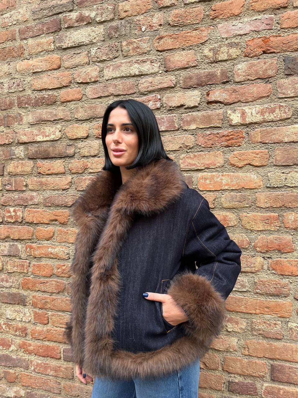 Giacca double face pelliccia e denim Almira