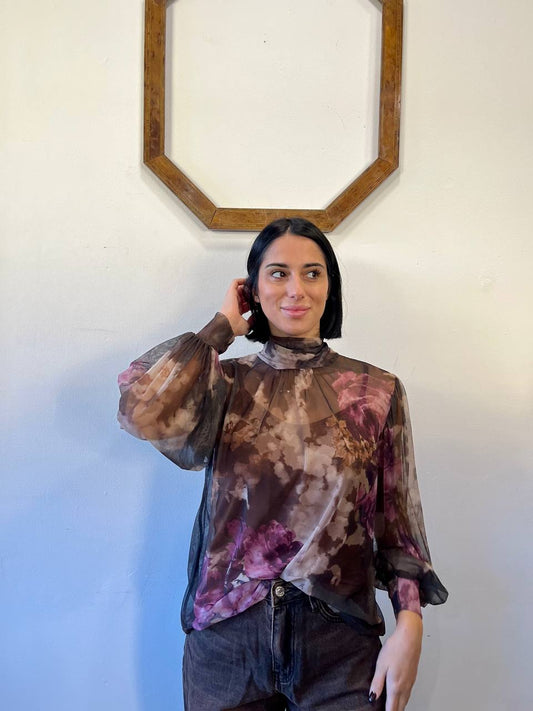 Blusa con stampa e collo alto arricciato Auren