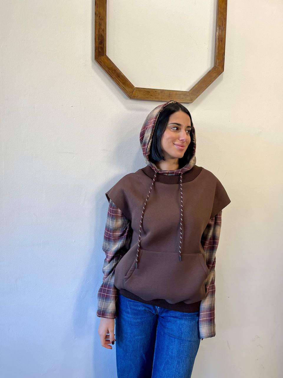Felpa oversize con cappuccio e inserti a quadri Dorena