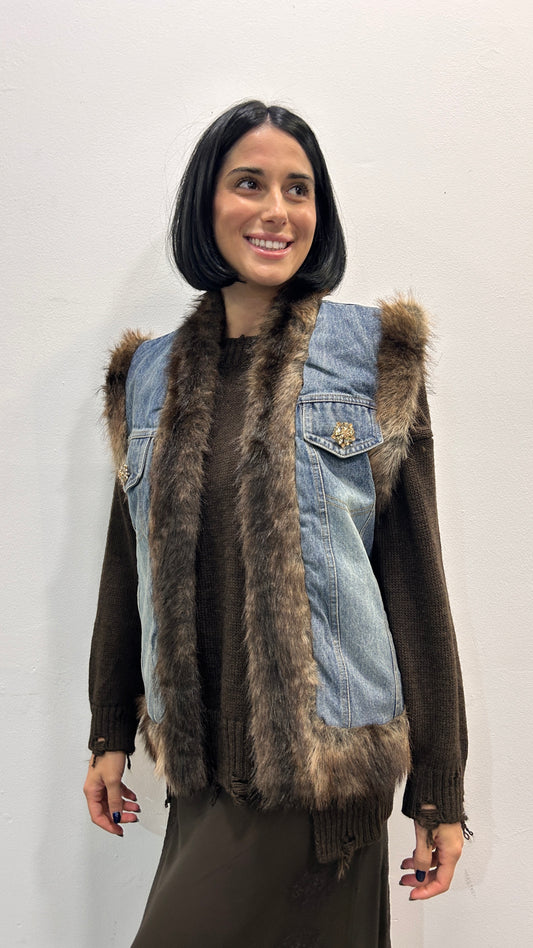Gilet denim con finiture in pelliccia Taisia