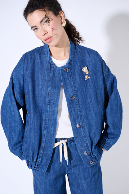 Bomber oversize denim con spille Valentina