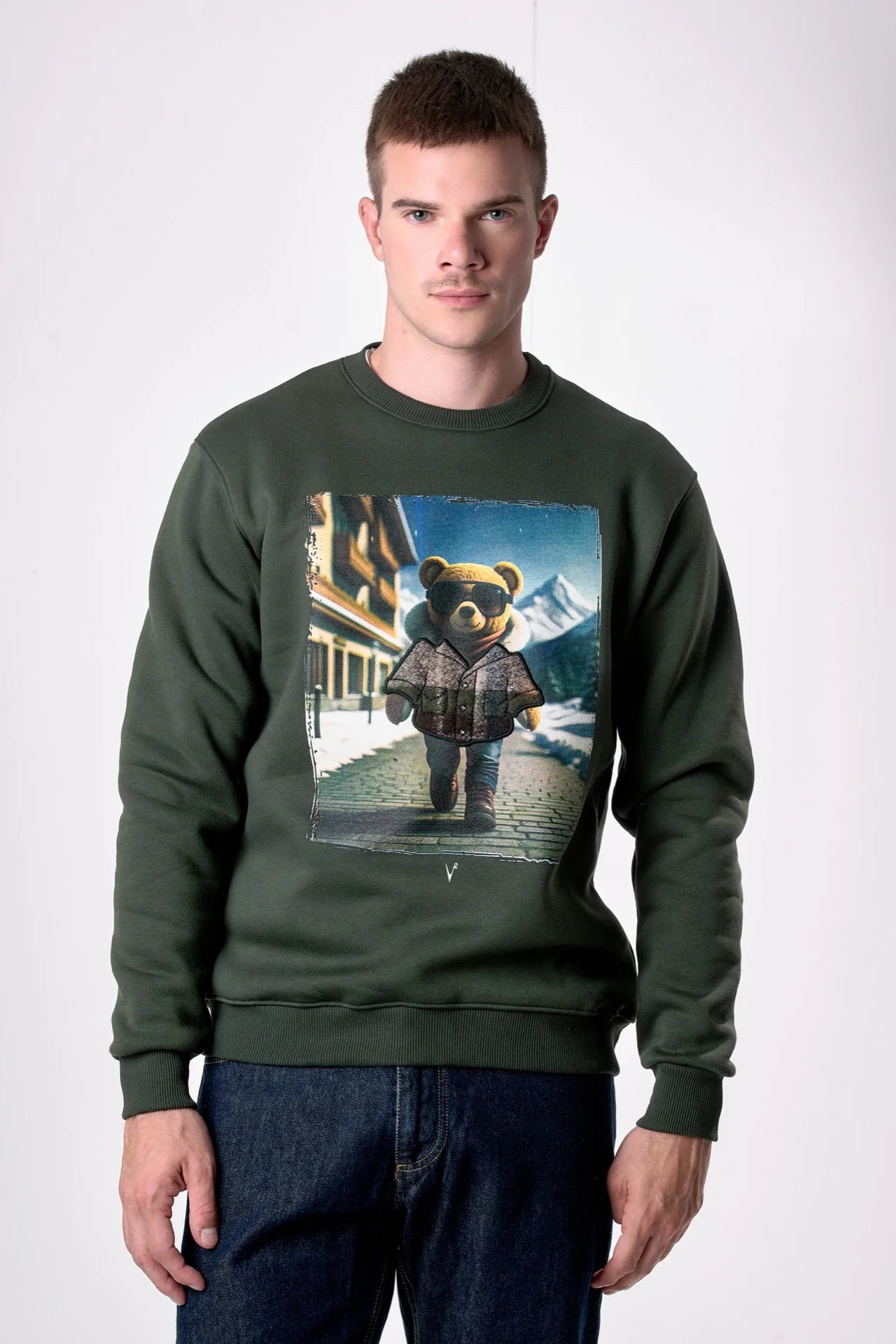 Felpa Girocollo con stampa Teddy e ricamo in tessuto