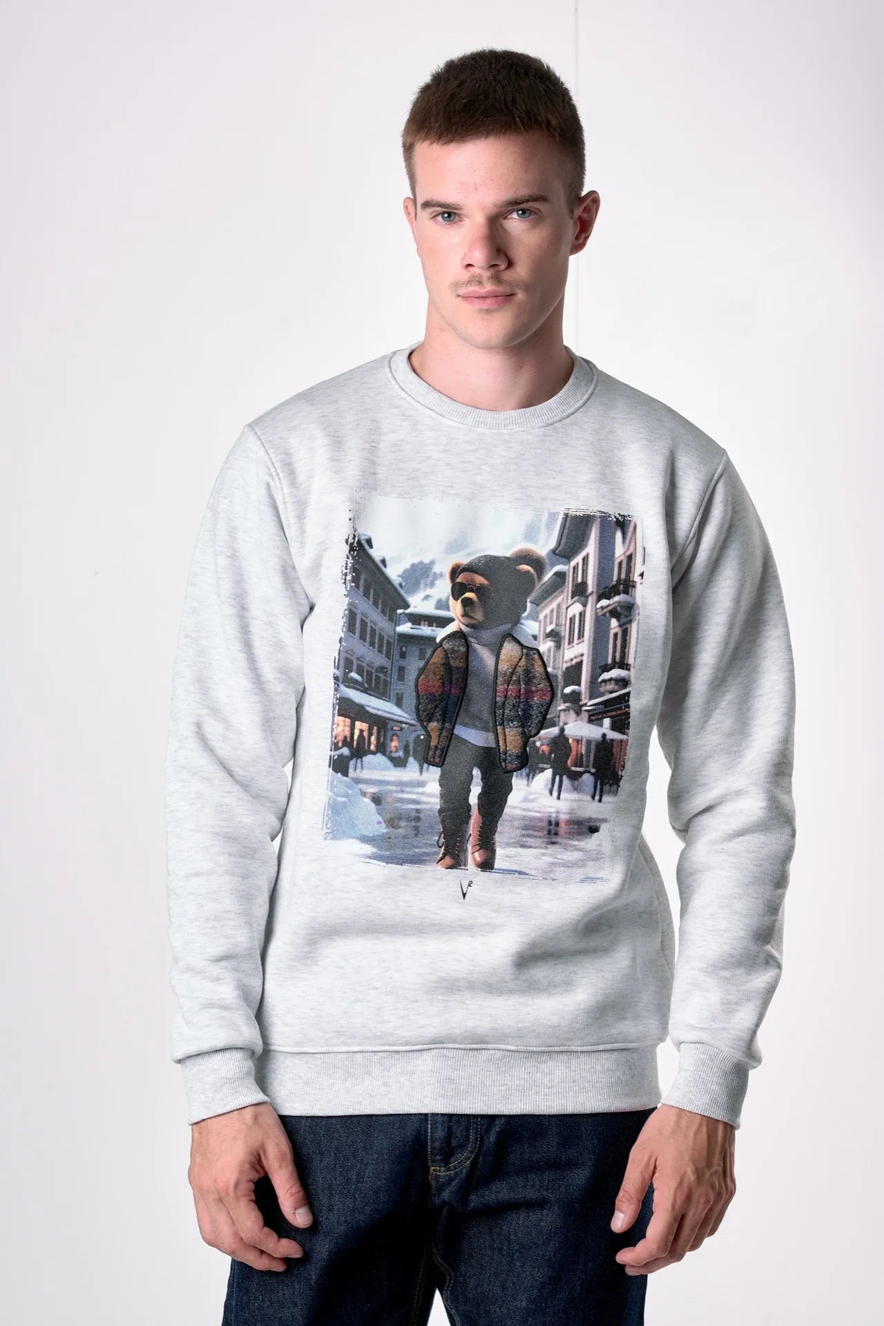 Felpa Girocollo con stampa Teddy e ricamo in tessuto