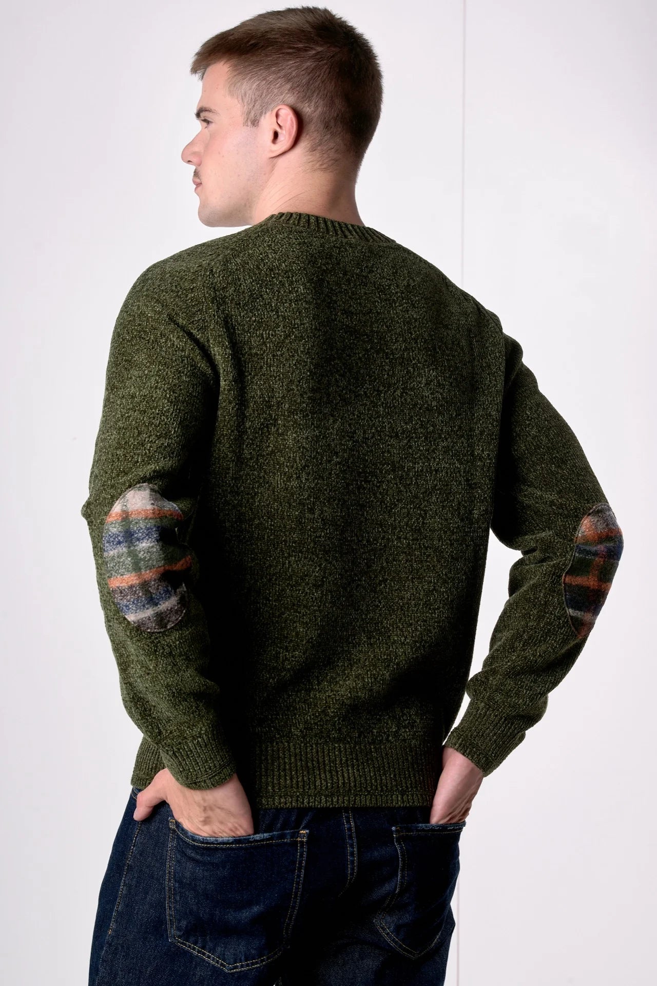 Maglione Girocollo in Ciniglia con Toppe in tessuto