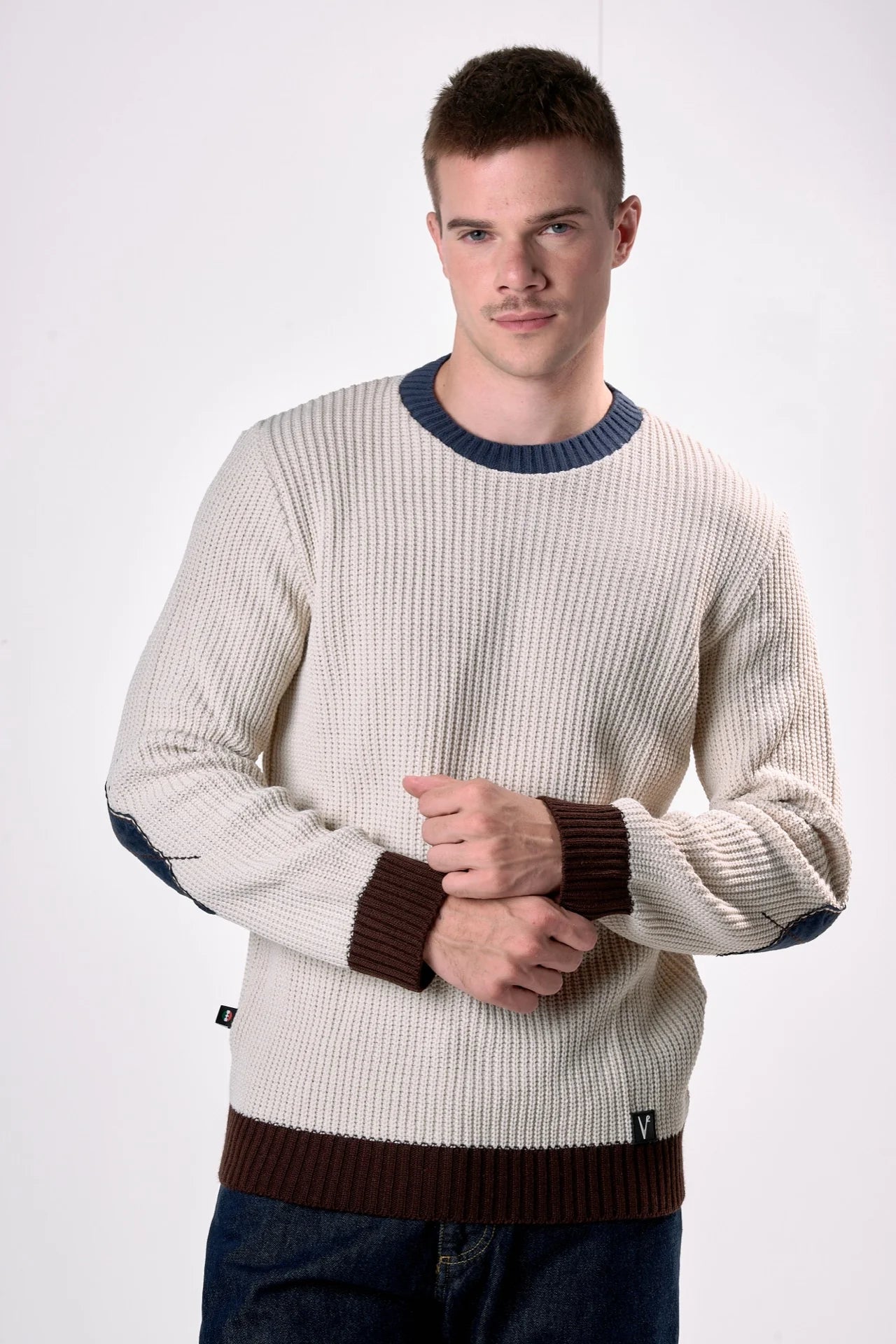 Maglione Girocollo Maglia Inglese tre colori con toppe scamosciate