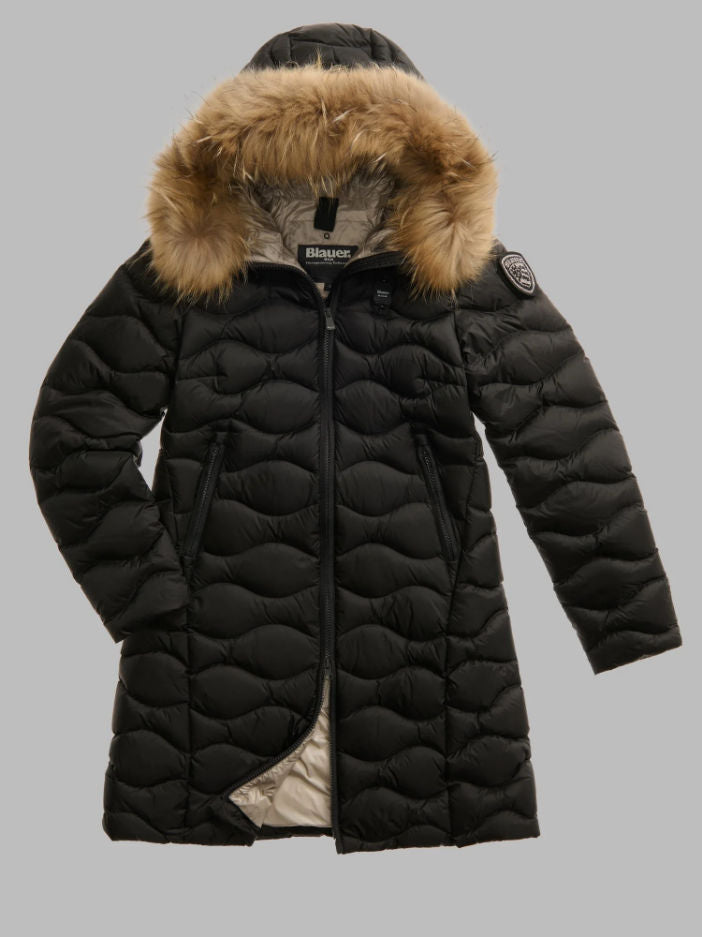 Piumino lungo ad onde con pelliccia Lynel