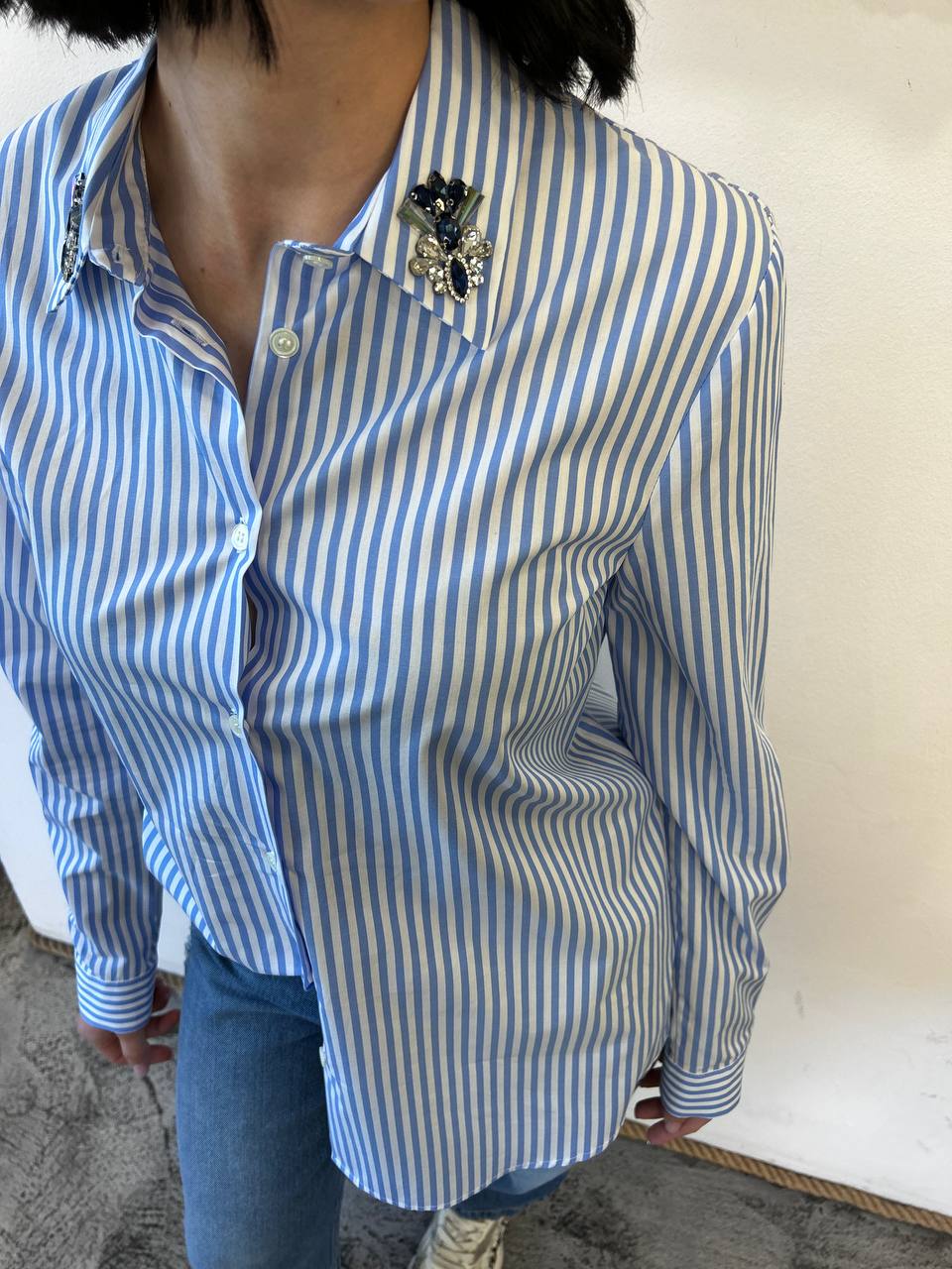 Camicia a righe con spilla Lilia