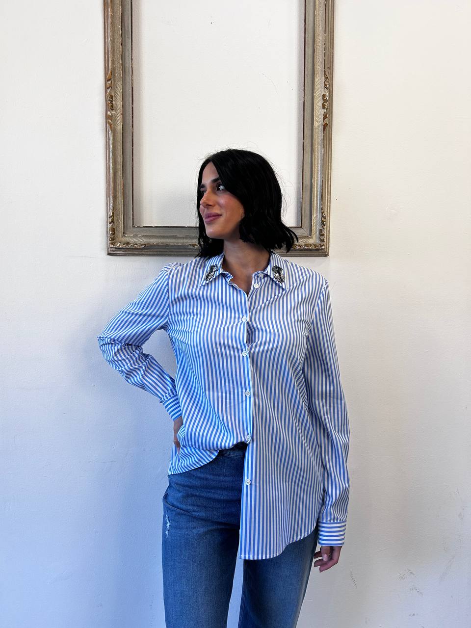 Camicia a righe con spilla Lilia